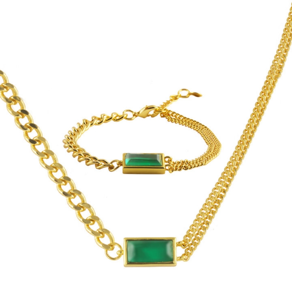 18k Gold Plated Stainless Steel Chain Link Green CZ Bracelet and Earrings Set